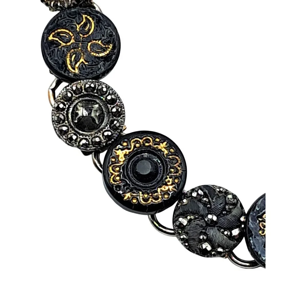 Antique Glass Button Bracelet With Black & Gold Tone Accents On Silver Tone Chai